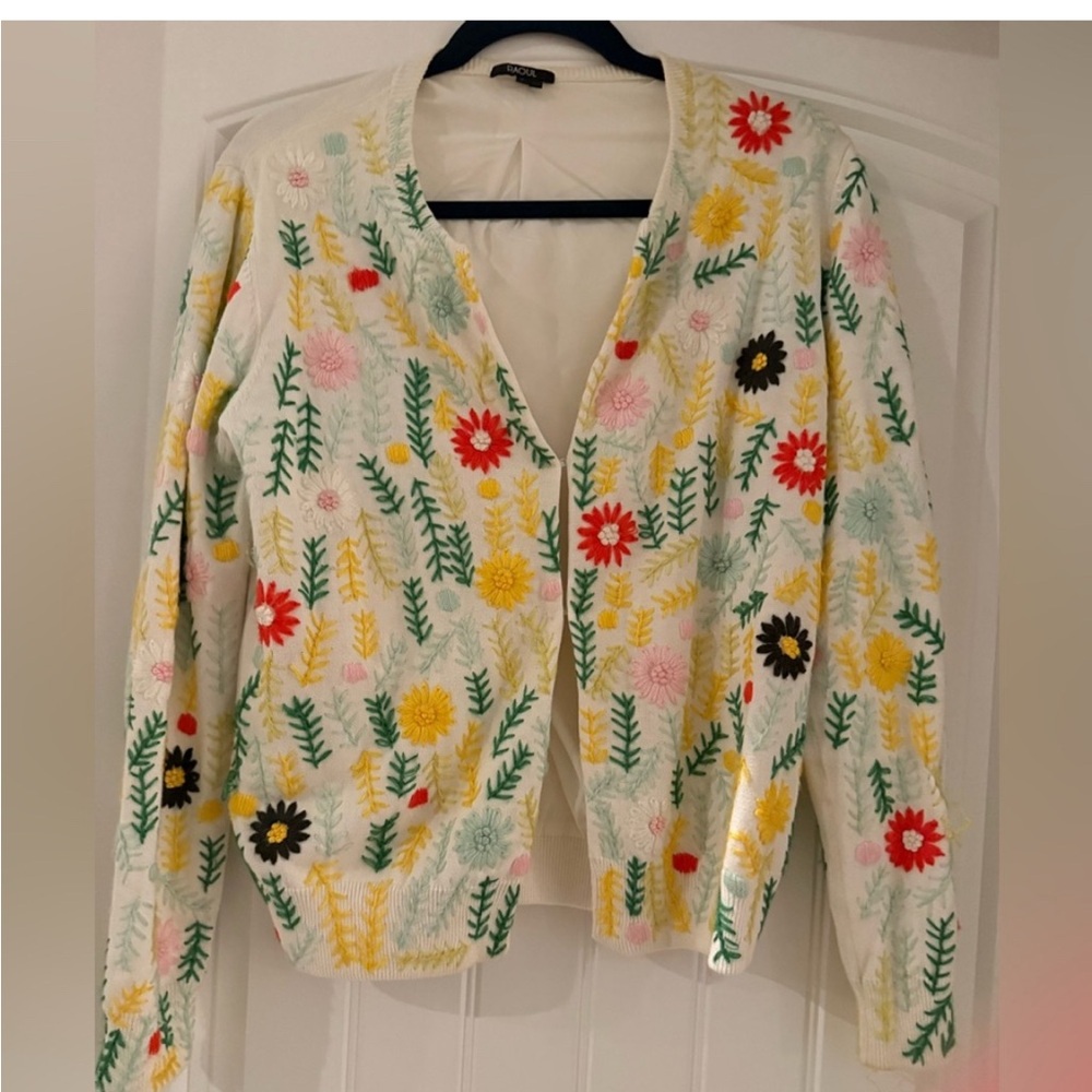 Floral Embroidered Cream Cardigan Sweater